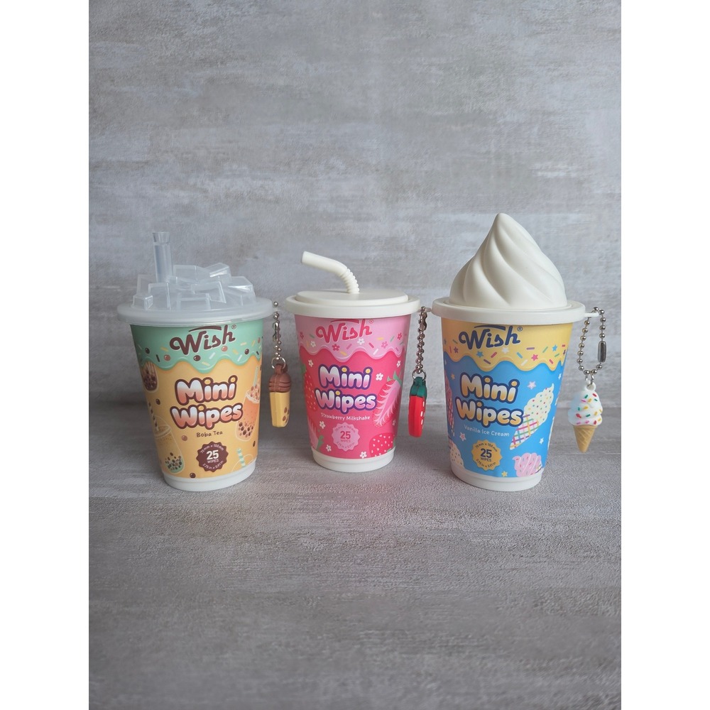 Wish Mini Wipes 3 Pack Boba Tea Strawberry Milkshake Vanilla Ice Cream Keychain